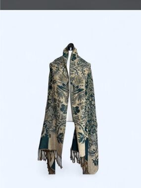 Woven Floral Fringe Wrap Coat - Teal & Cream